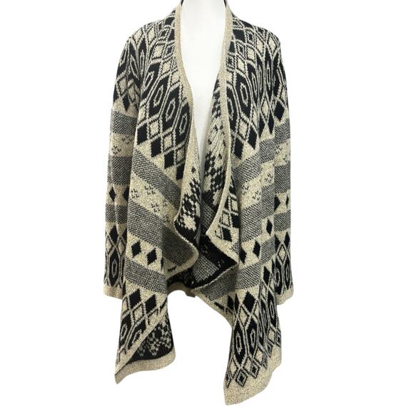 Lucky Brand Waterfall Cardigan Sweater Womens Medium Black Beige Aztec Knit - Picture 1 of 12
